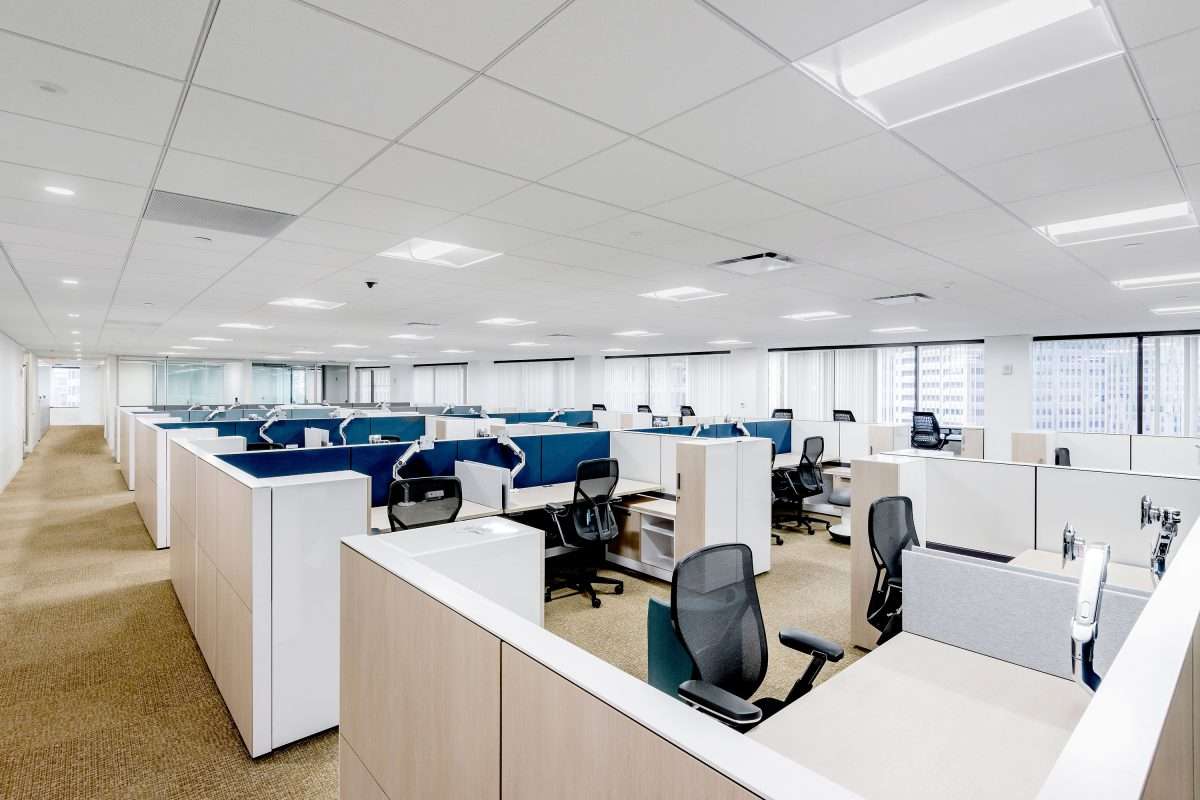 Modern office lobby with geometric gypsum ceiling design